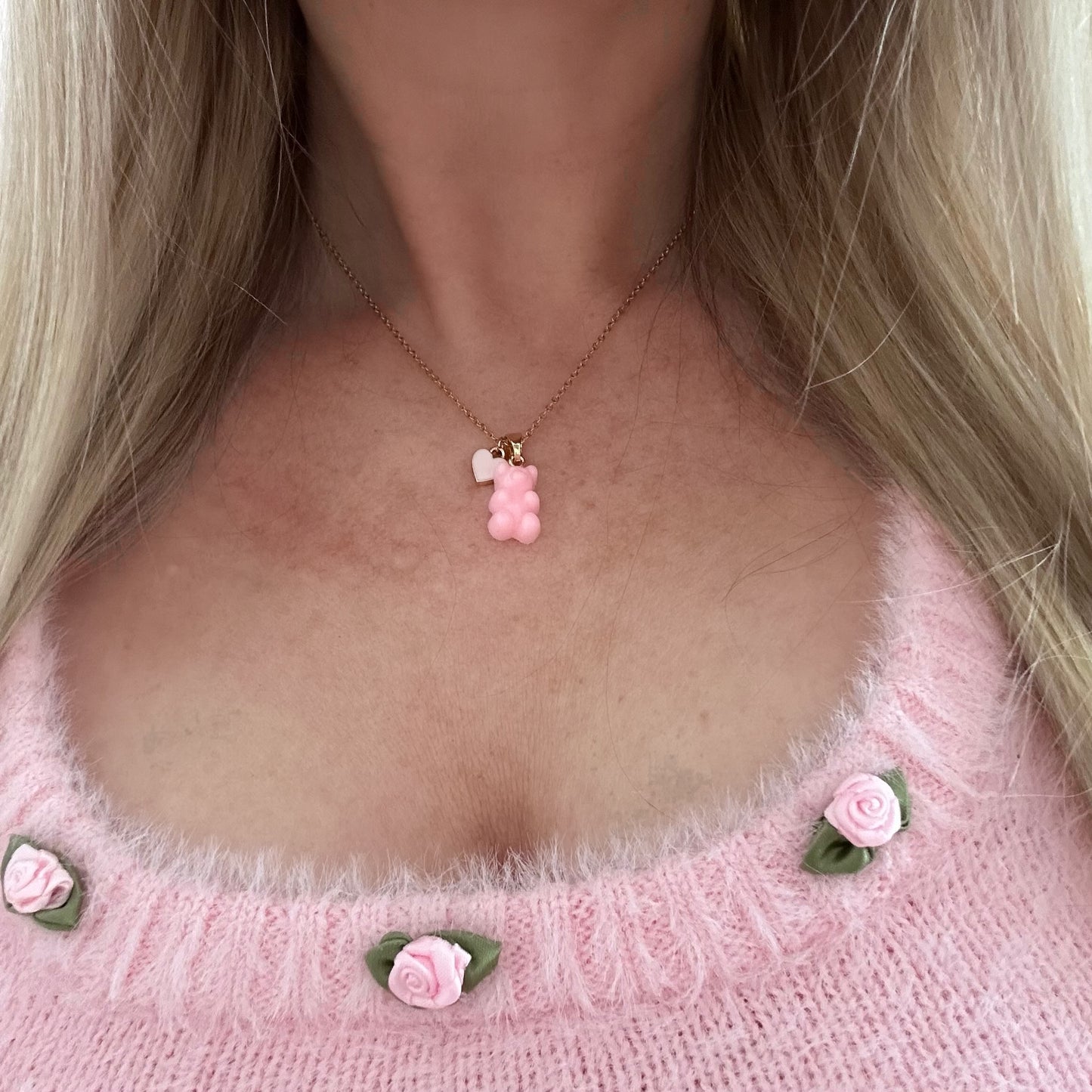 Queen of Hearts Classic Pink Bear Necklace