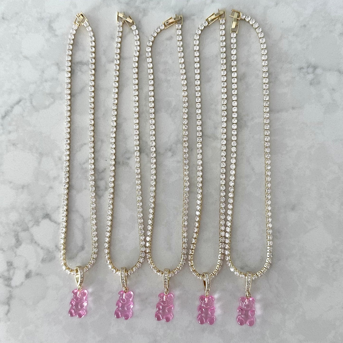 'La Jelly' Transluscent Pink Bear Crystal Tennis Necklace