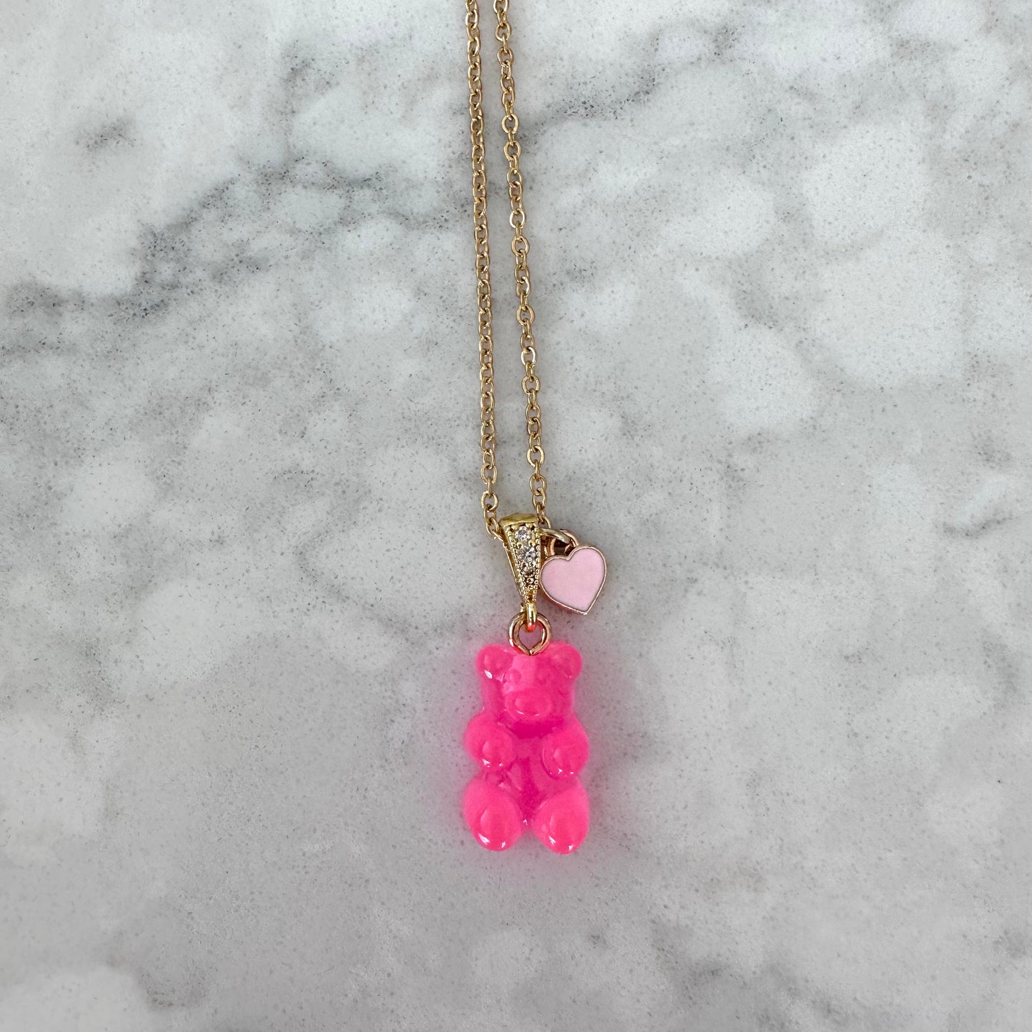 Neon Pink Signature Jelly Bear Heart Necklace