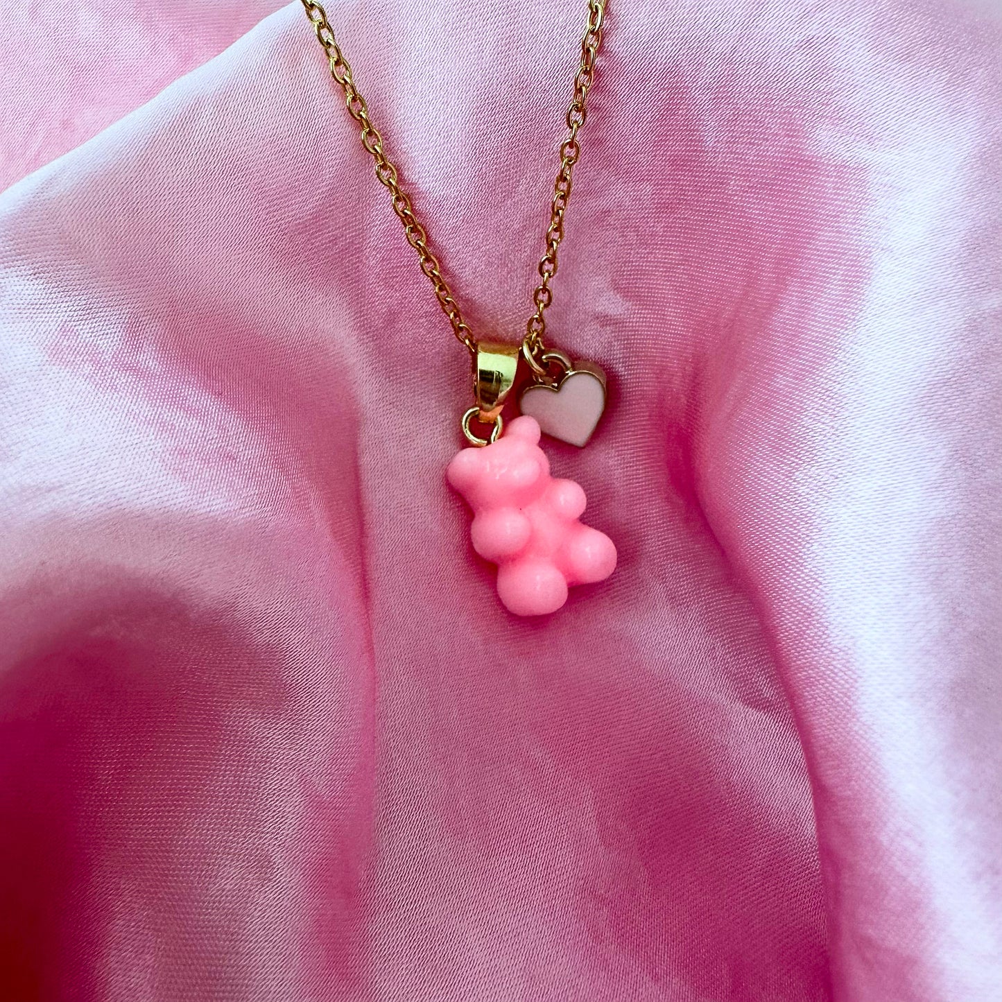 Queen of Hearts Classic Pink Bear Necklace